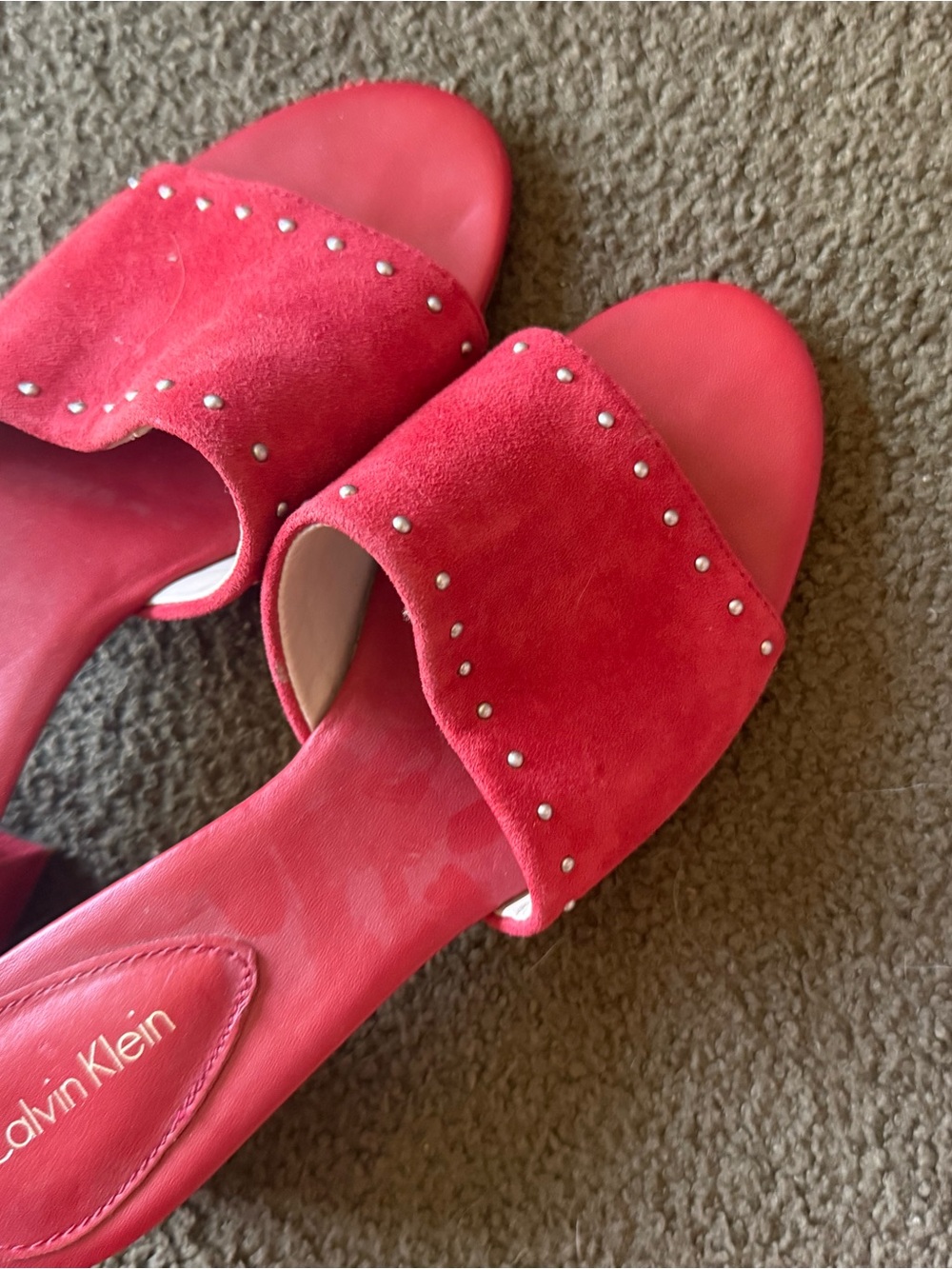 Calvin Klein Red Suede Slide Mules with Silver Studs - Picture 3 of 5